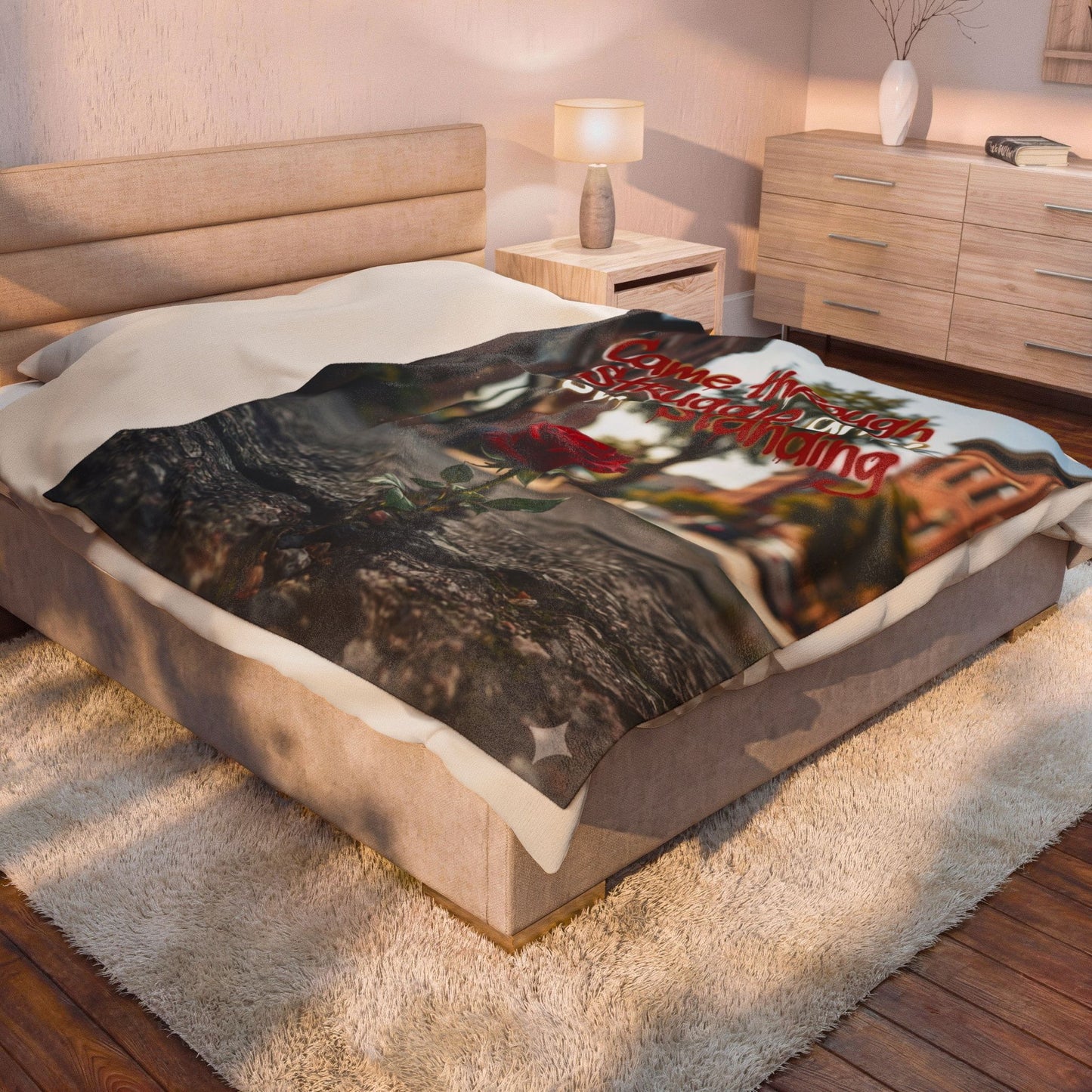 Velveteen Plush Blanket — "Came Through Struggle and Still Standing" Inspirational Rose Throw