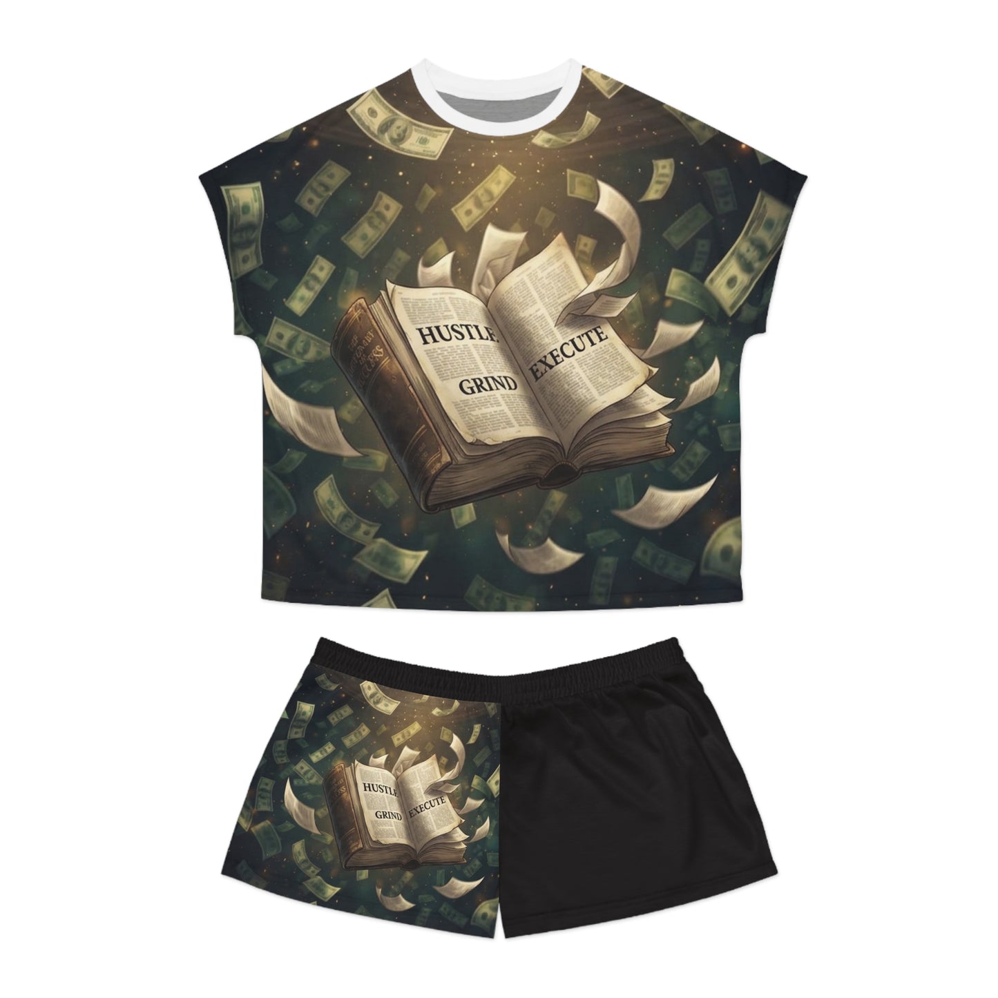 Women's Pajama Set — 'Hustle, Grind, Execute' Money & Book Graphic Shorts Set