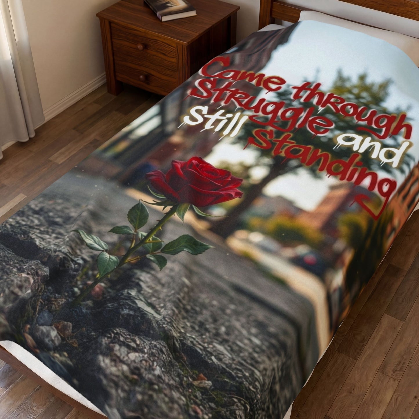 Velveteen Plush Blanket — "Came Through Struggle and Still Standing" Inspirational Rose Throw