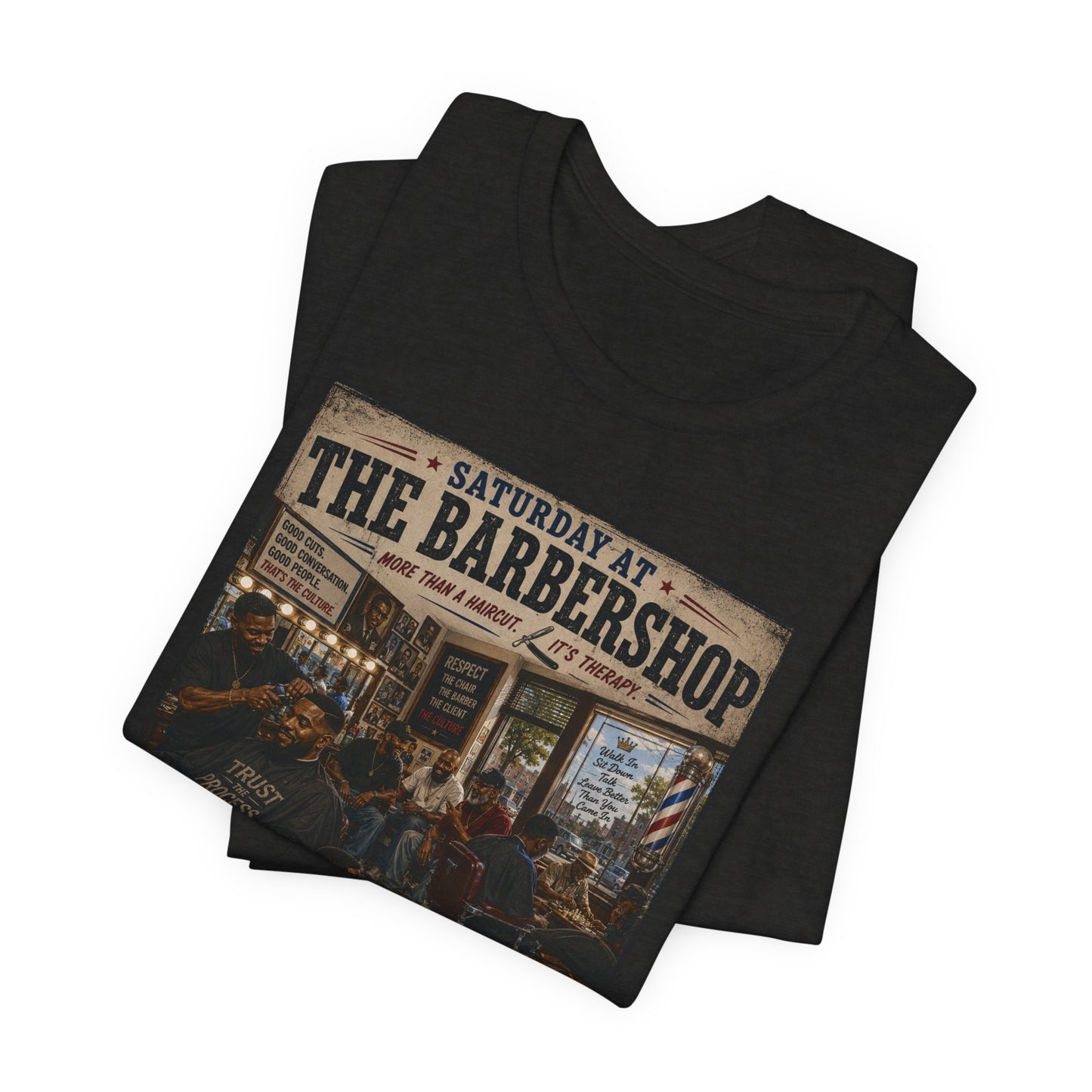 Barbershop Vintage Graphic Tee — "Saturday at the Barbershop" Retro Barber Scene Shirt