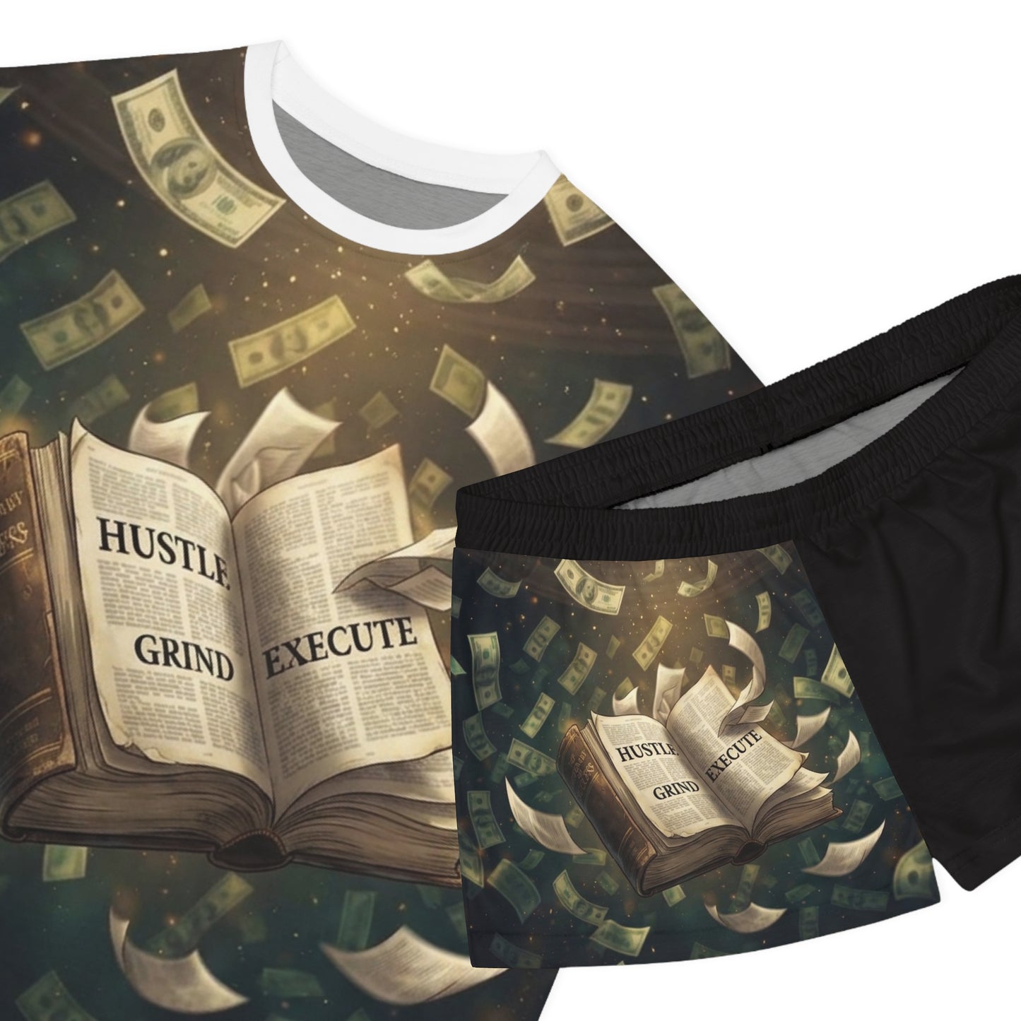 Women's Pajama Set — 'Hustle, Grind, Execute' Money & Book Graphic Shorts Set