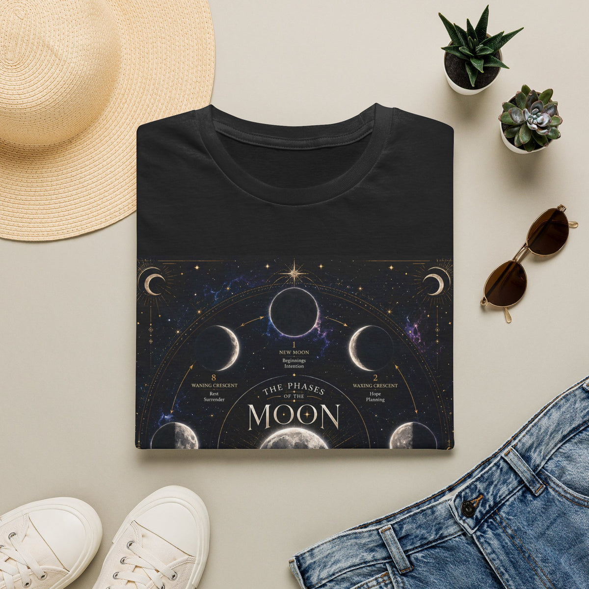 Moon Phases T-Shirt — Illustrated Lunar Cycle Tee