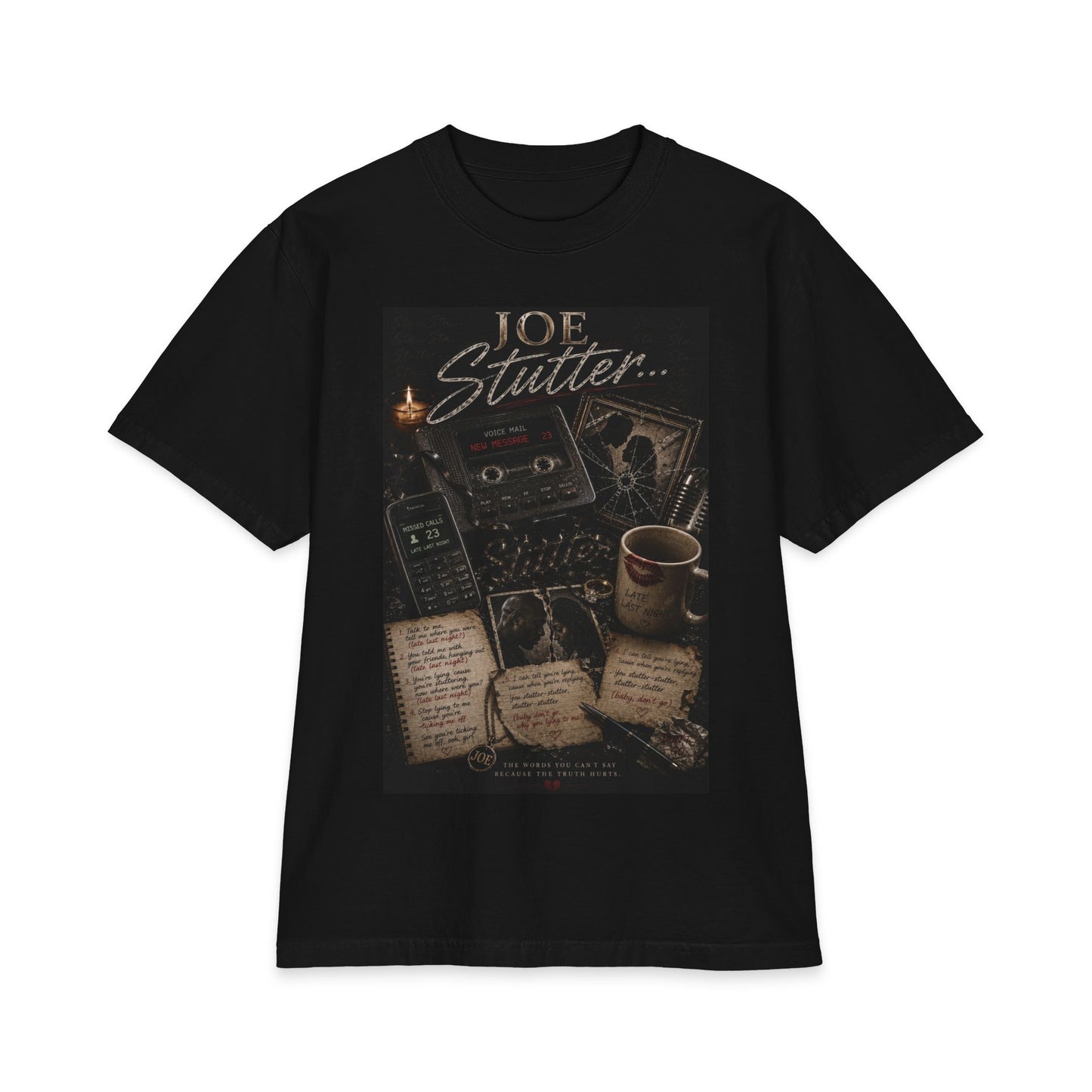 Joe Stutter Vintage Radio Tee — Retro Cassette, Coffee & Notes Graphic T-Shirt