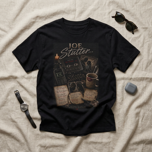 Joe Stutter Vintage Radio Tee — Retro Cassette, Coffee & Notes Graphic T-Shirt