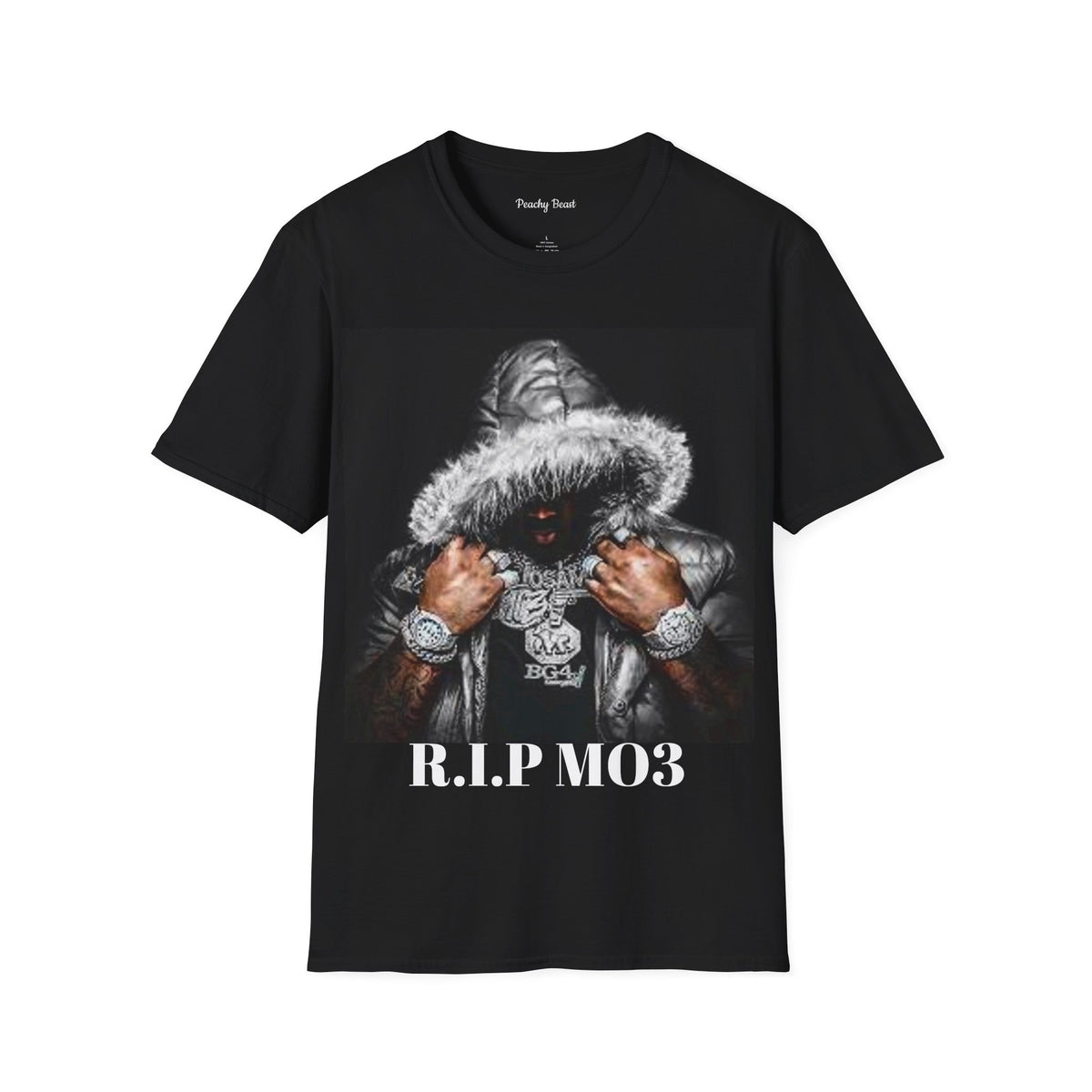 RIP MO3 T-Shirt – Hooded Fur-Trim Graphic Tee