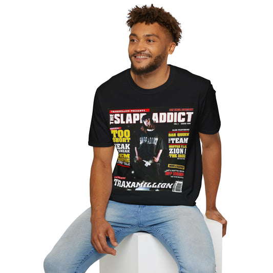 Slap Addict Traxamillion Graphic T-Shirt — Retro Rap Magazine Cover Tee