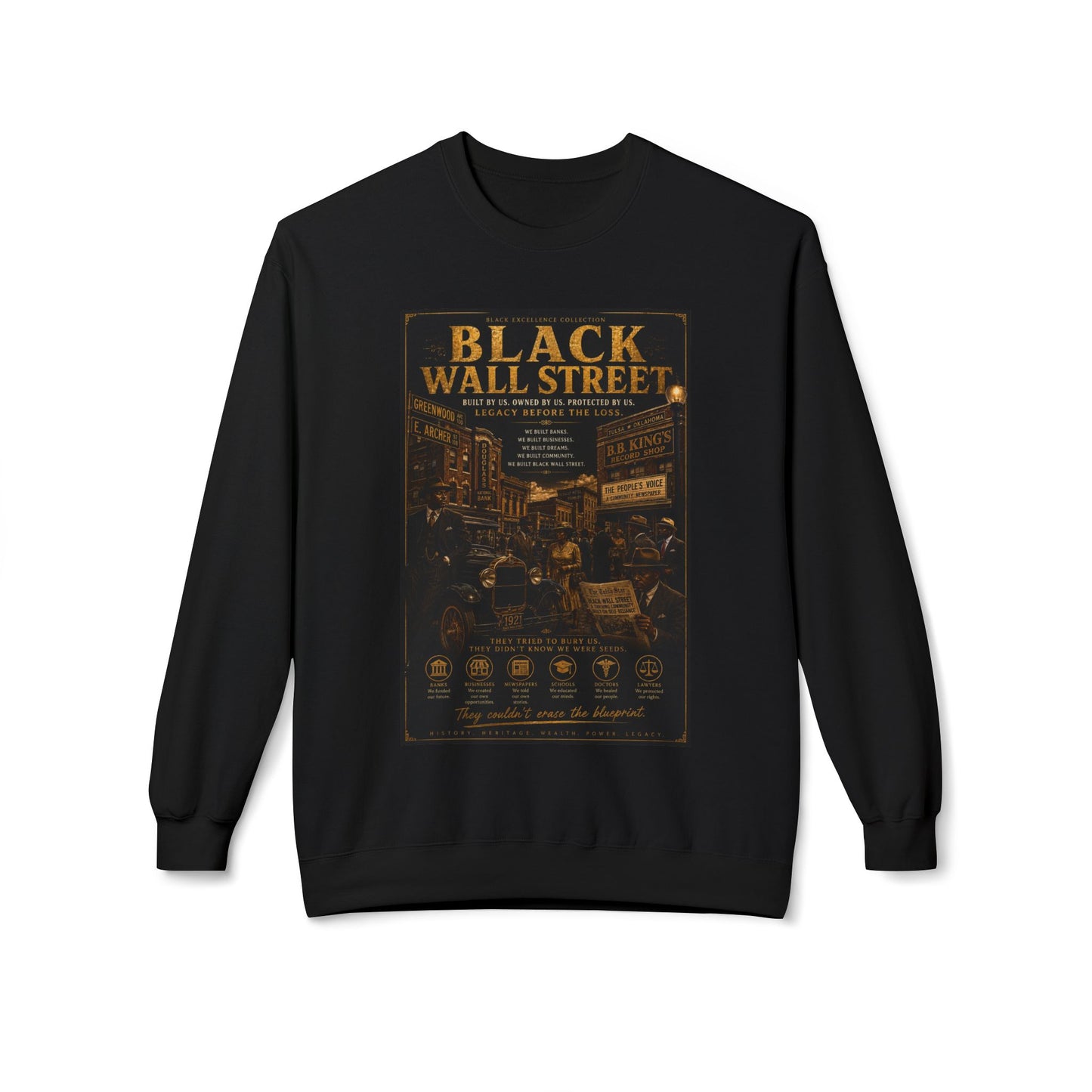 Black Wall Street Crewneck Sweatshirt — Vintage Greenwood Tulsa Tribute