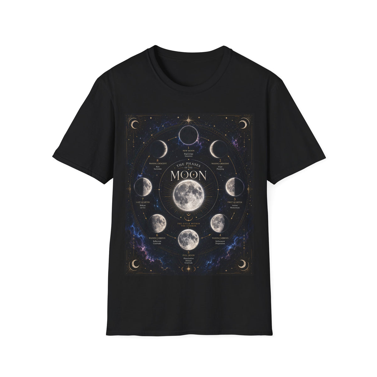 Moon Phases T-Shirt — Illustrated Lunar Cycle Tee