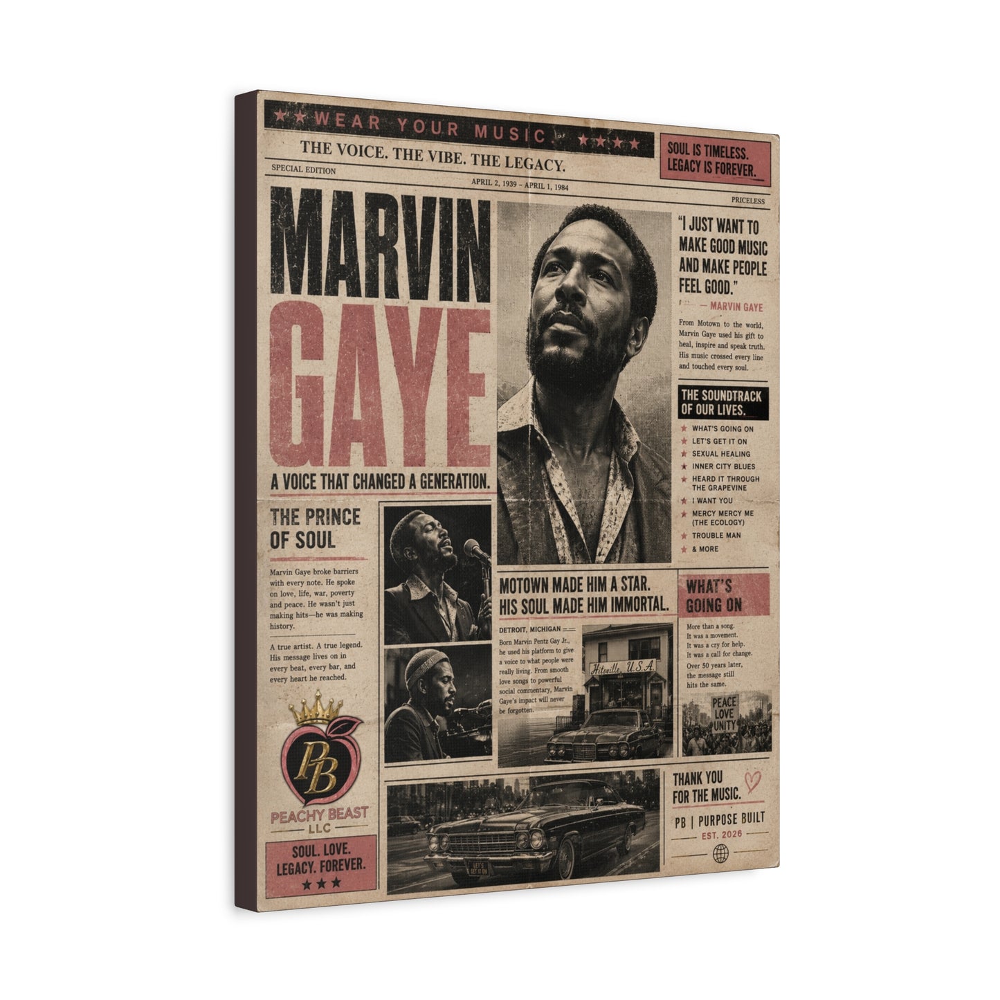 Marvin Gaye Vintage Newspaper-Style Matte Canvas Print