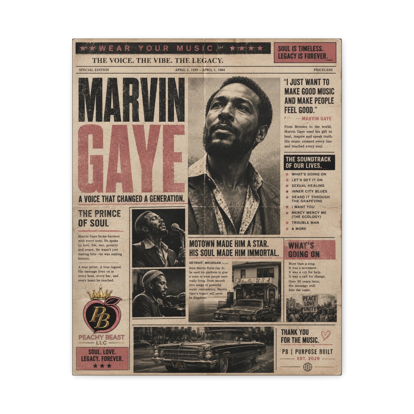 Marvin Gaye Vintage Newspaper-Style Matte Canvas Print