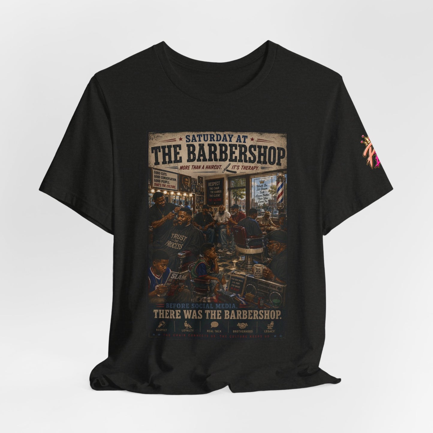 Barbershop Vintage Graphic Tee — "Saturday at the Barbershop" Retro Barber Scene Shirt